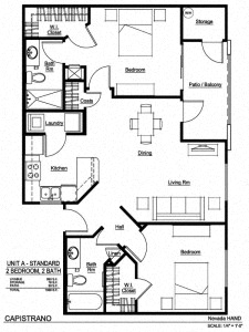 Floor plan for 2 beds, 2 baths, 1075 sqft